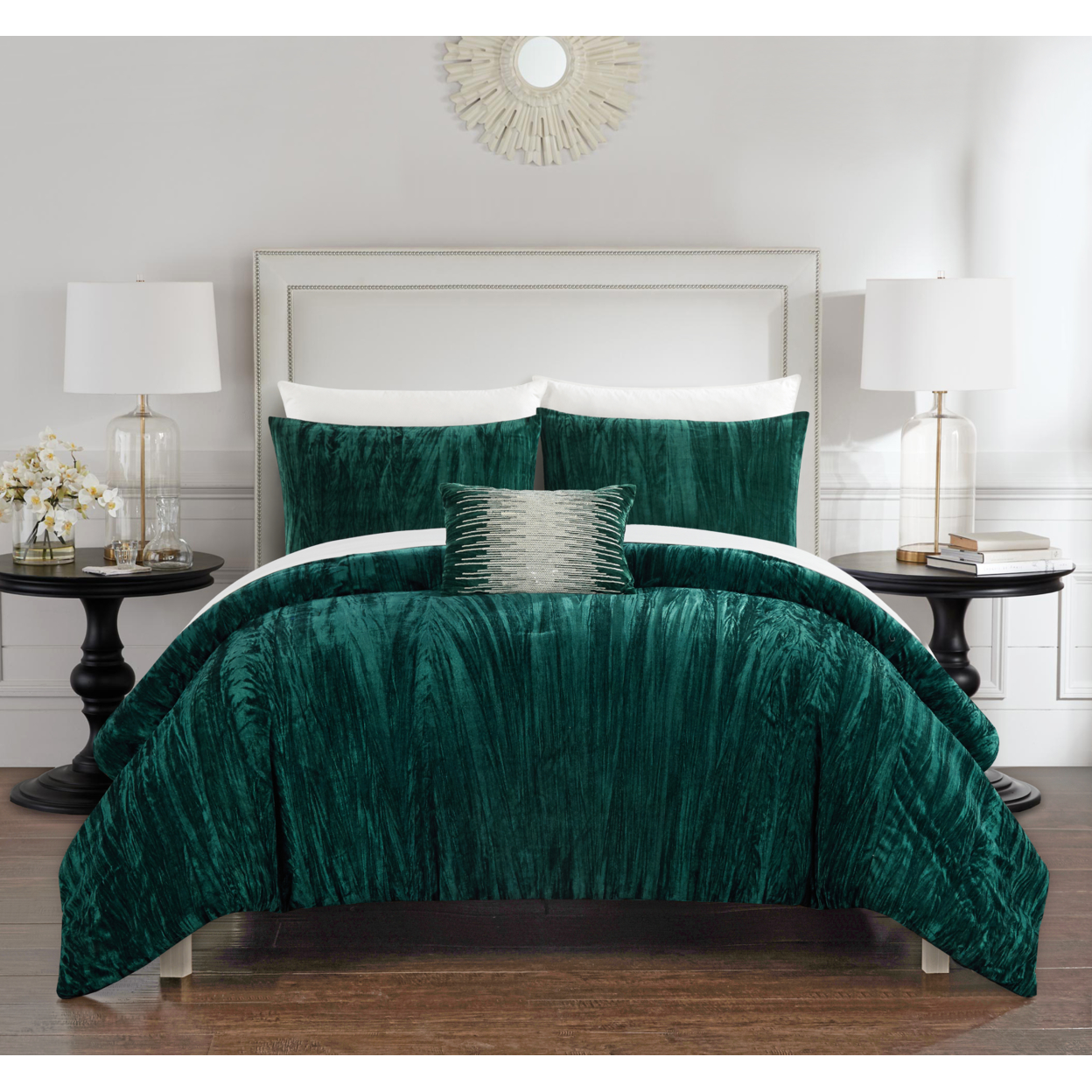 Merieta 4 Piece Comforter Set Crinkle Crushed Velvet Bedding - Decorative Pillow Shams Included - Grey, Queen