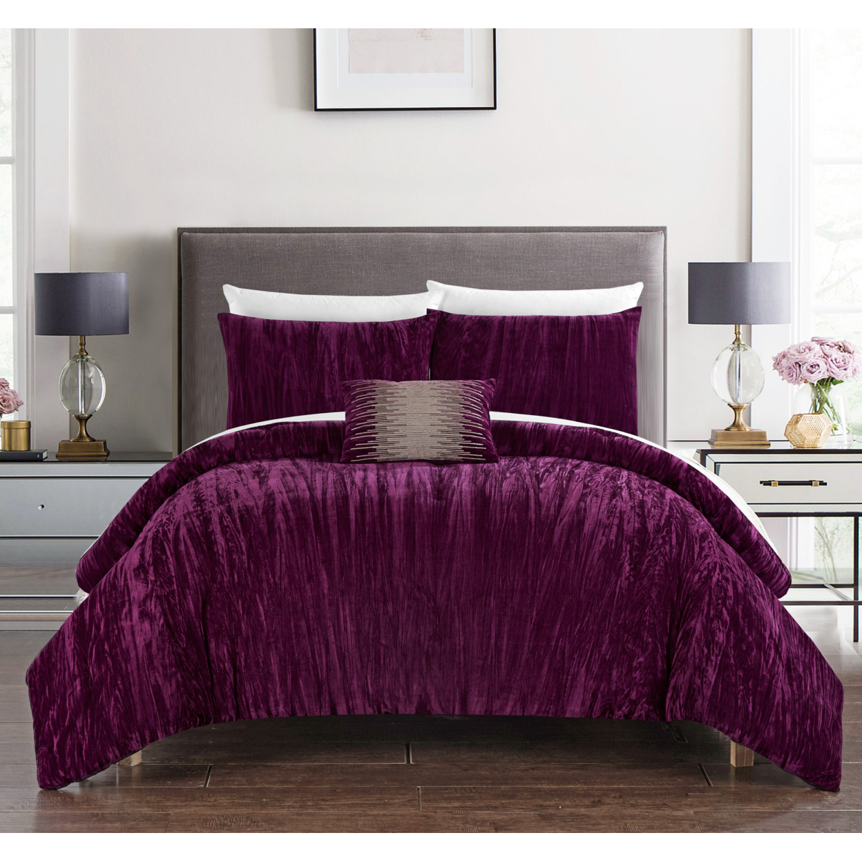 Merieta 4 Piece Comforter Set Crinkle Crushed Velvet Bedding - Decorative Pillow Shams Included - Plum, King
