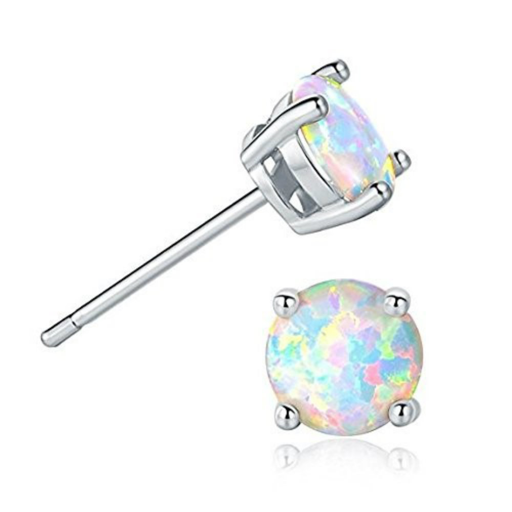 Opal Stud Earrings Sterling Silver Fire Opal 925 Jewelry Round Opal Earrings - Silver Blue