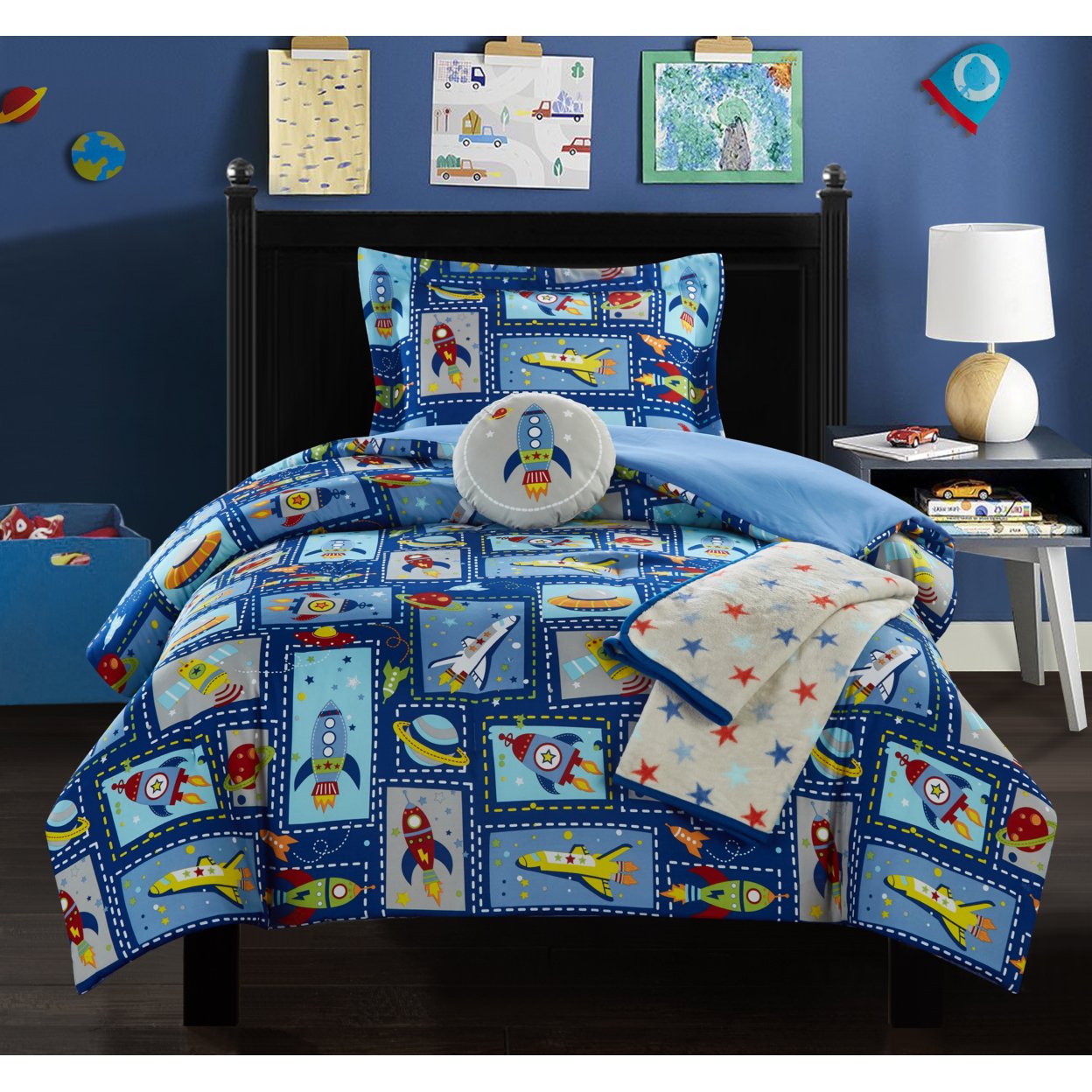 5 Or 4 Piece Comforter Set Youth Design Bedding - Throw Blanket Decorative Pillow Shams Included - Blue, Full