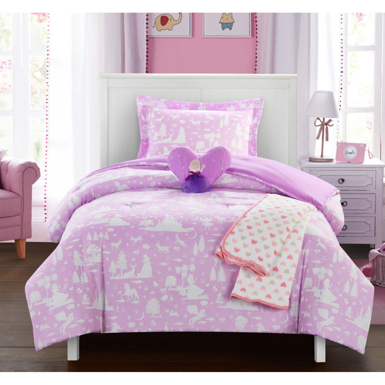 5 Or 4 Piece Comforter Set Youth Design Bedding - Throw Blanket Decorative Pillow Shams Included - Lavender, Full