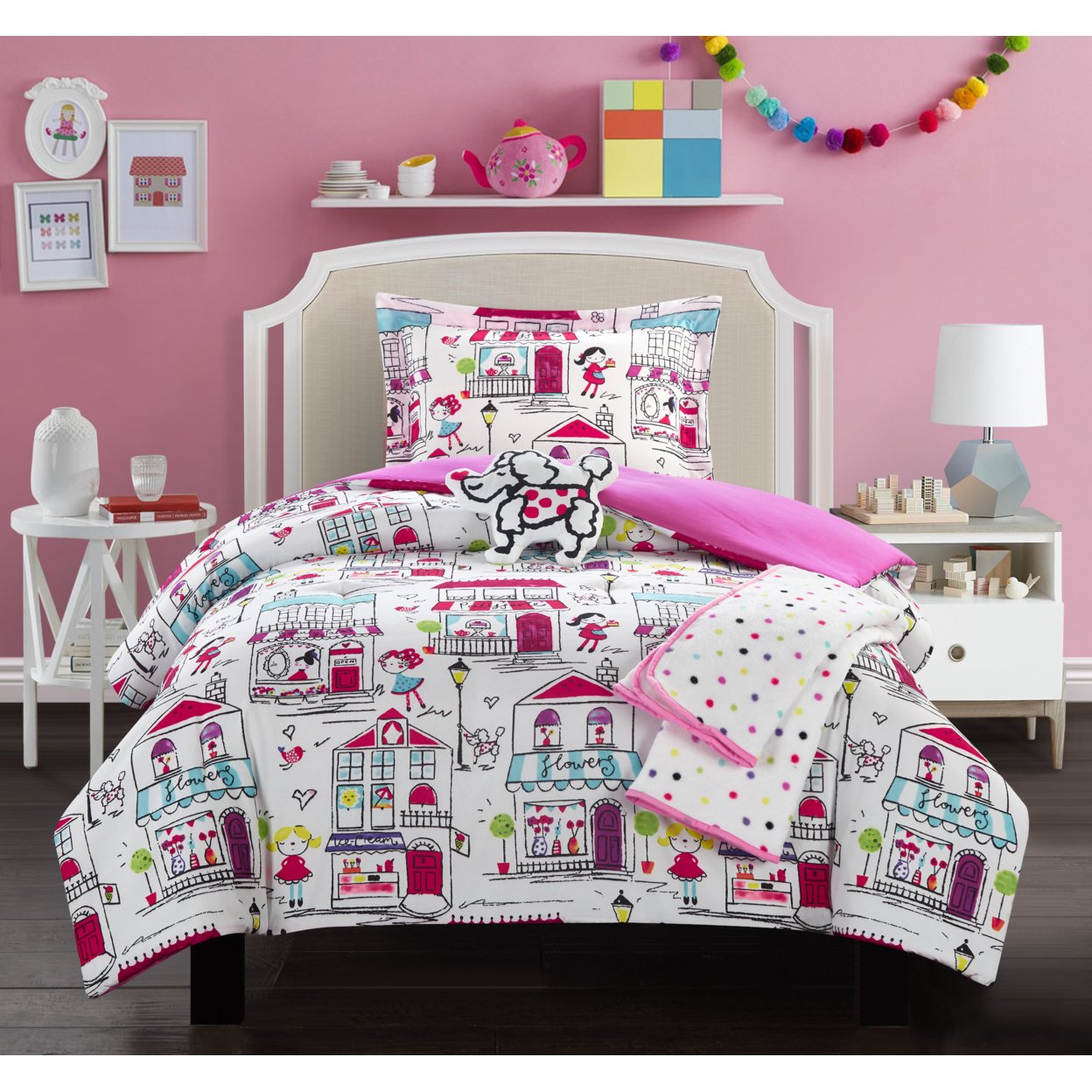 5 Or 4 Piece Comforter Set Youth Design Bedding - Throw Blanket Decorative Pillow Shams Included - Hot Pink, Full