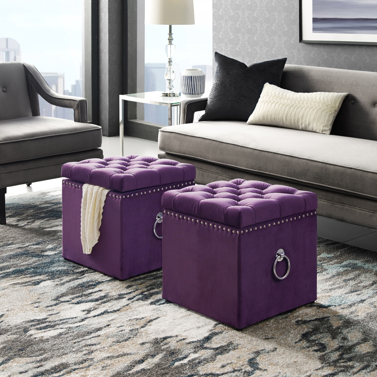 Claudia Velvet Or Linen 1 Pc Ottoman-Storage-Knob Handle-Cube-Nailhead Trim By Inspired Home - Purple Velvet / Chrome