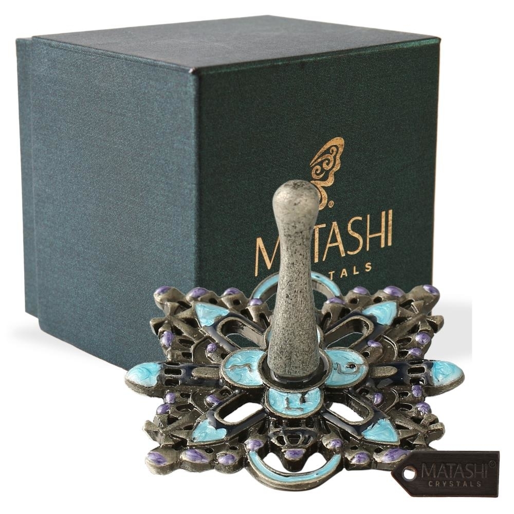 Hand-Painted Spinning Dreidel Holiday Ornaments (Pewter) Elegant Jewish Decor Black Metal Vintage Design Embellished With Matashi Crystals