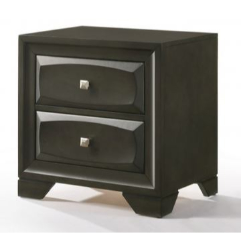 Two Drawer Nightstand With Brushed Nickel Accent And Chamfered Legs, Antique Gray- Saltoro Sherpi