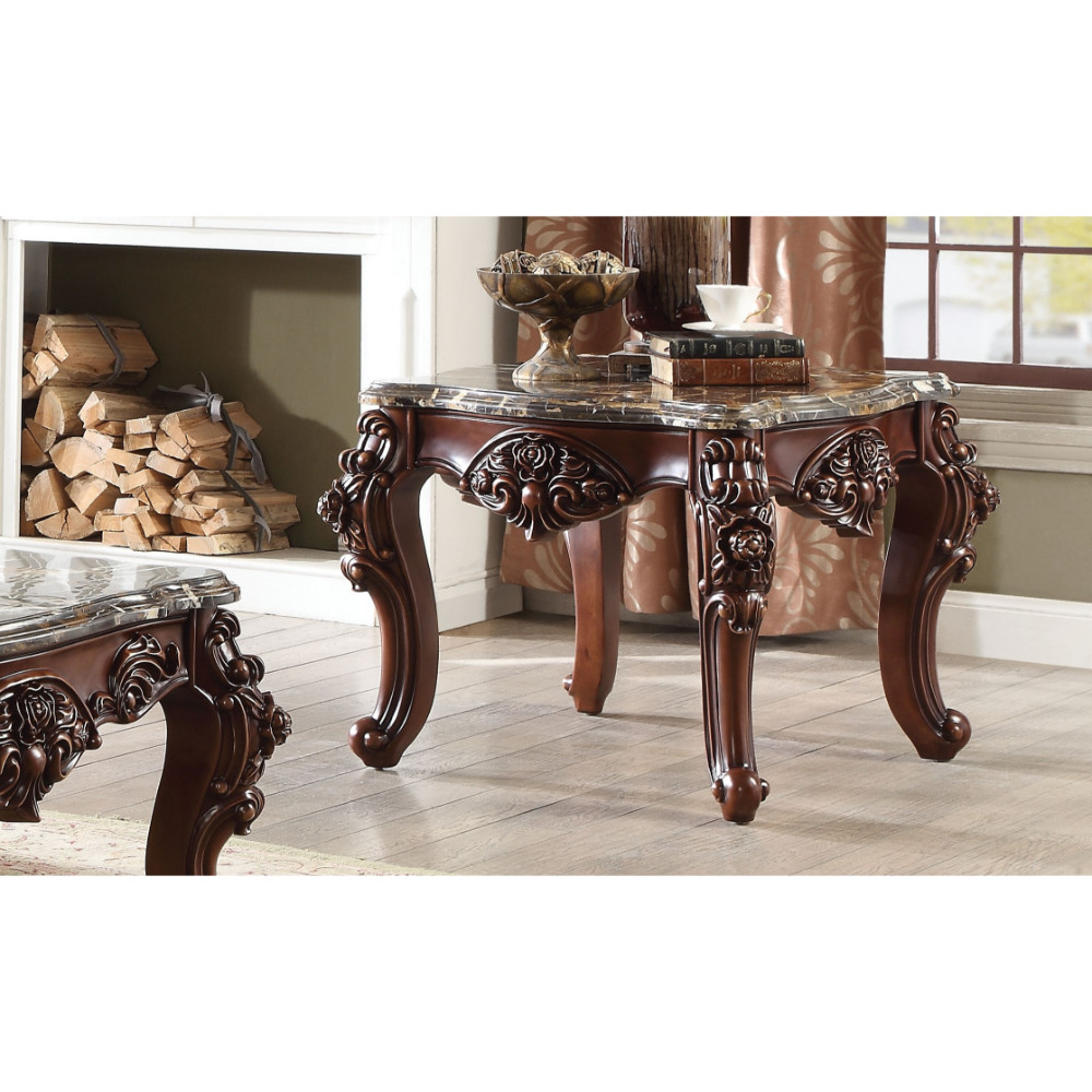 Scalloped Marble Top End Table With Carved Floral Motifs, Walnut Brown- Saltoro Sherpi