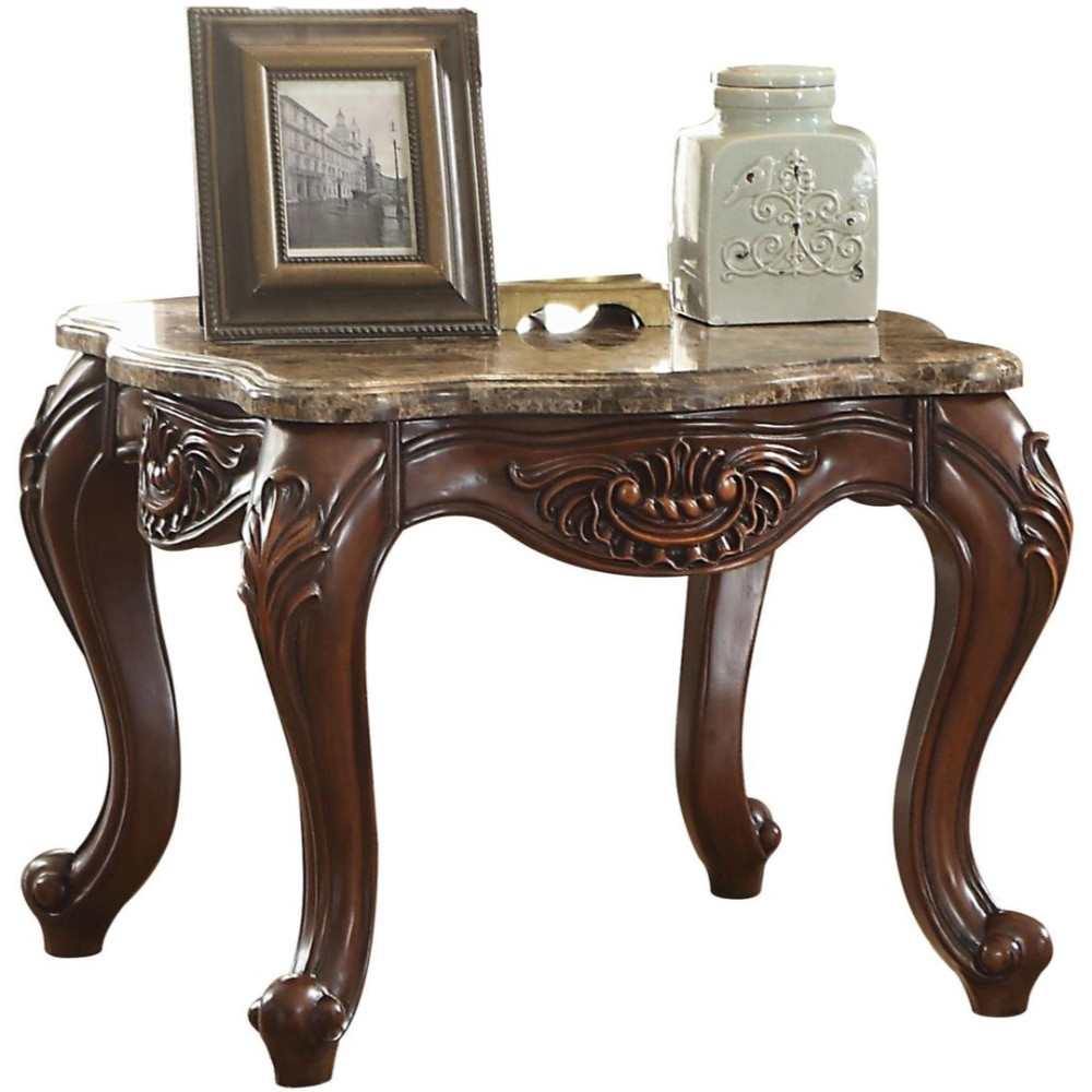 Marble Top End Table With Motif Engraved Angular Wood Feet, Brown- Saltoro Sherpi