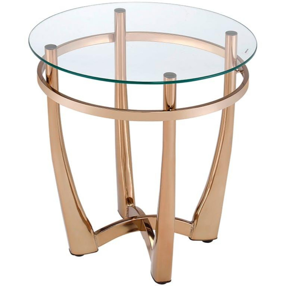 Glass Round End Table With Metal Base, Champagne And Clear Glass- Saltoro Sherpi