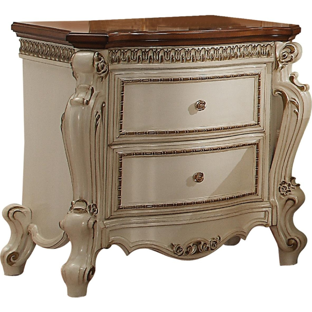 Two Drawer Nightstand With Cabriole Legs, Antique Pearl & Cherry Oak- Saltoro Sherpi