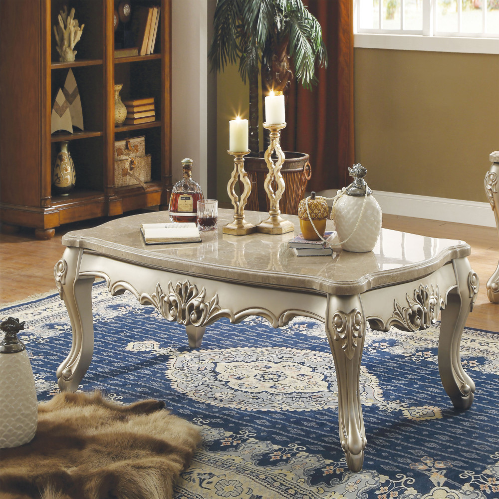 Marble Top Wooden Coffee Table With Queen Anne Style Legs, Champagne Gold- Saltoro Sherpi