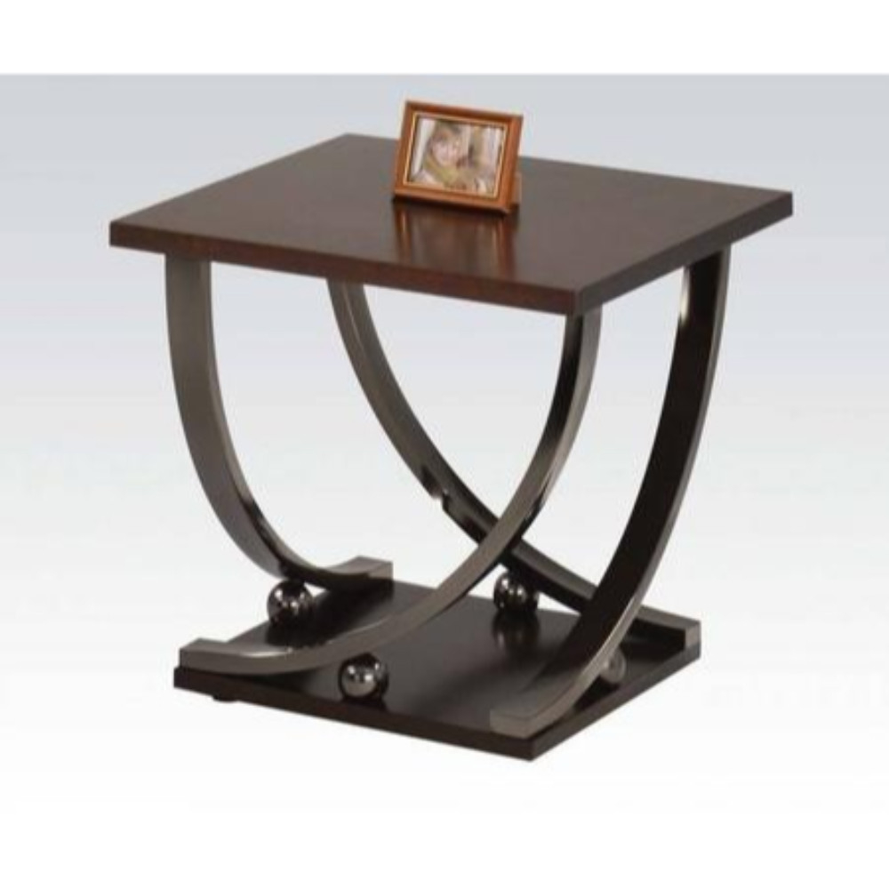 Wood And Metal End Table With Sweeping Legs, Dark Walnut Brown And Black- Saltoro Sherpi