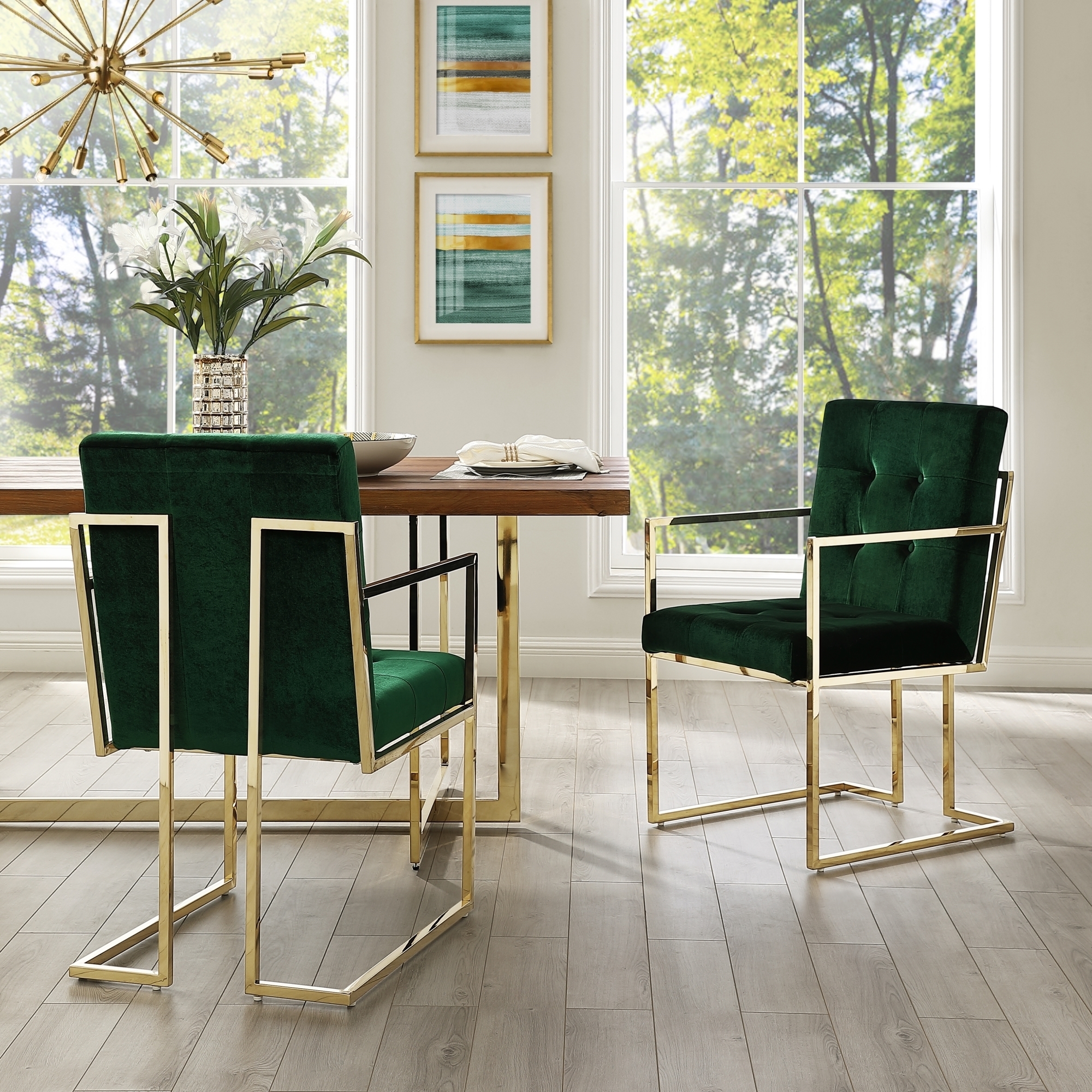 Cecille PU Leather Or Velvet Dining Chair-Set Of 2-Chrome-Gold Frame-Square Arm-Button Tufted-Modern & Functional By Inspired Home - Green V