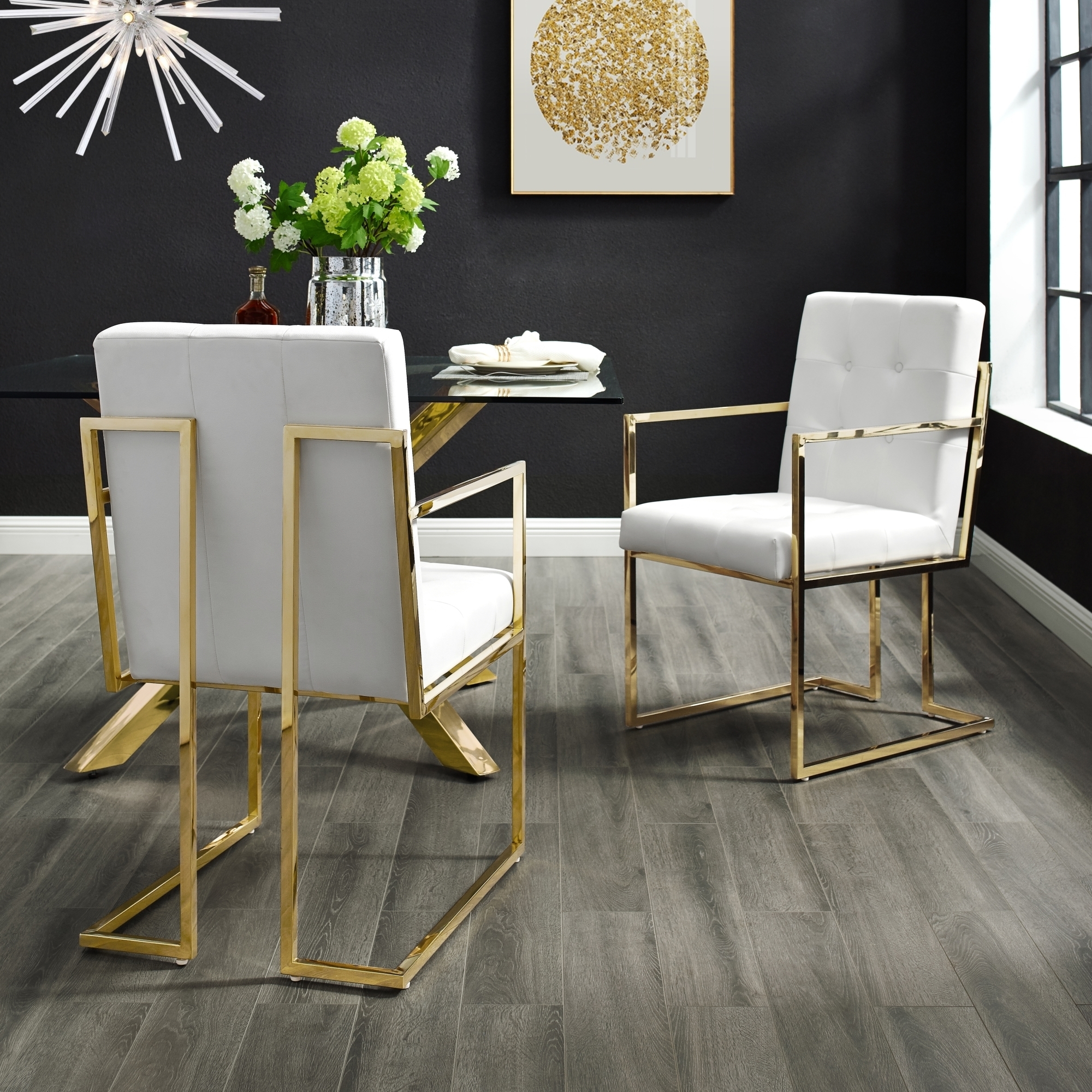 Cecille PU Leather Or Velvet Dining Chair-Set Of 2-Chrome-Gold Frame-Square Arm-Button Tufted-Modern & Functional By Inspired Home - White L