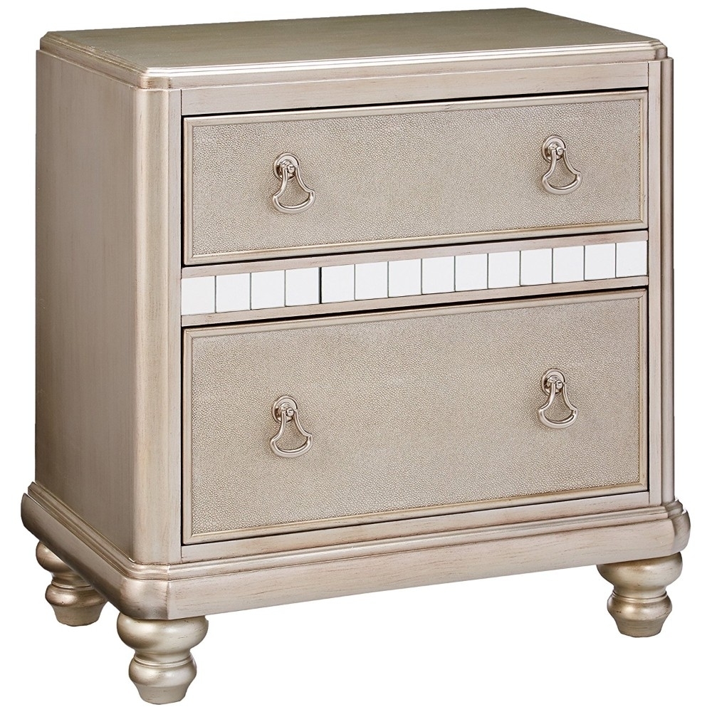 Mirror Trim Accented Nightstand With Two Drawers And Turned Legs, Silver- Saltoro Sherpi