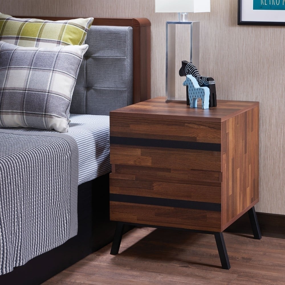 Two Drawers Wooden End Table With Angled Leg Support, Brown And Black- Saltoro Sherpi