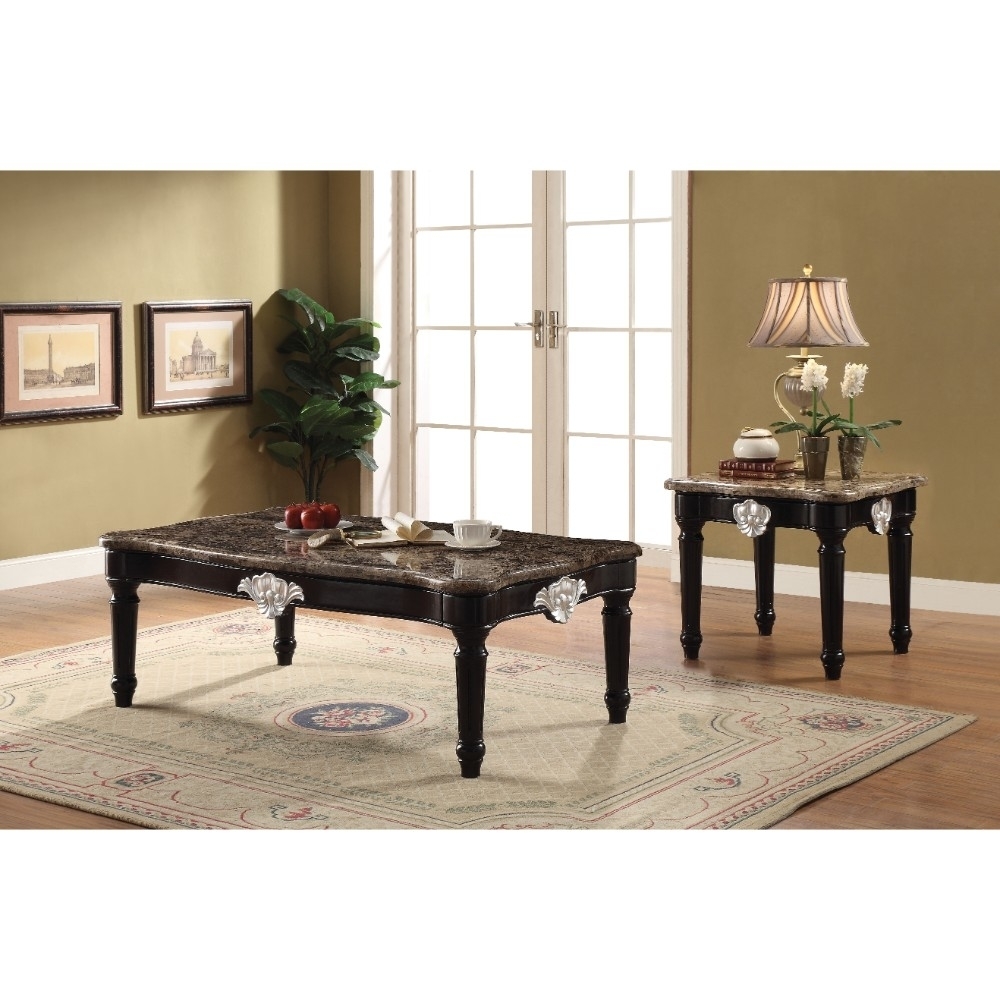 Traditional Style Rectangular Marble And Wood Coffee Table, Brown- Saltoro Sherpi