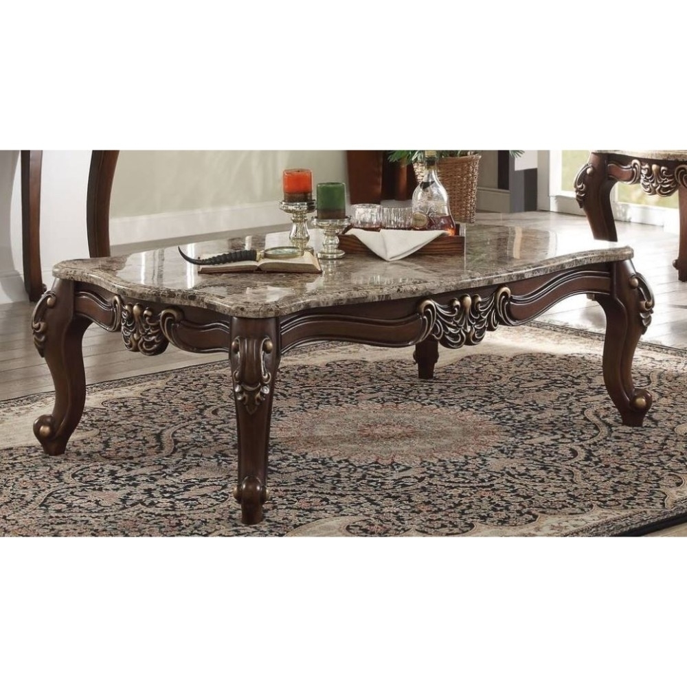 Traditional Style Rectangular Wood And Marble Coffee Table, Brown- Saltoro Sherpi
