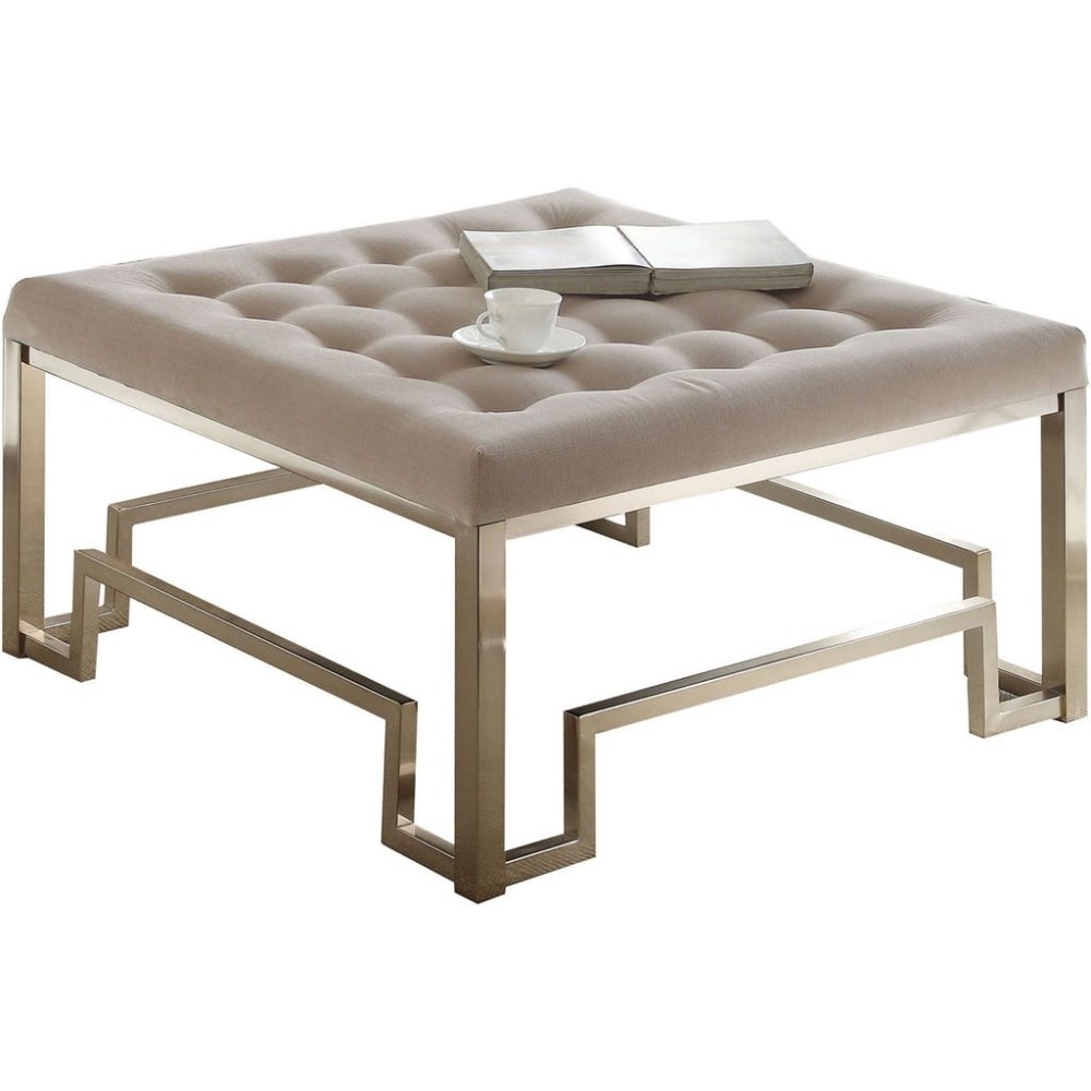 Modern Style Square Shaped Wood And Metal Cocktail Ottoman, Gold And Beige- Saltoro Sherpi