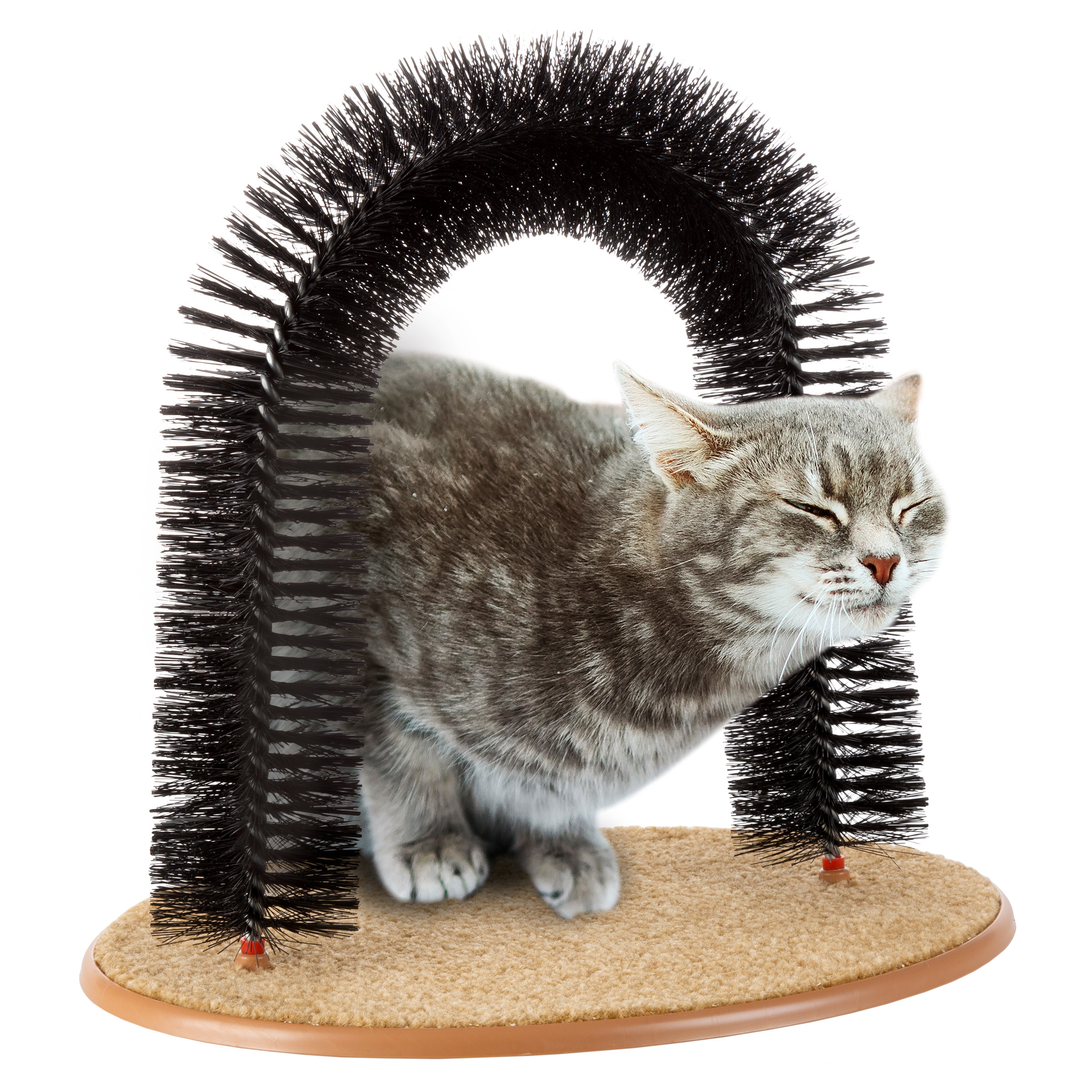 Self Grooming Cat Arch- Bristle Ring Brush And Carpet Base Groomer, Massager, Scratcher For Controlling Shedding, Healthy Fur And Claws