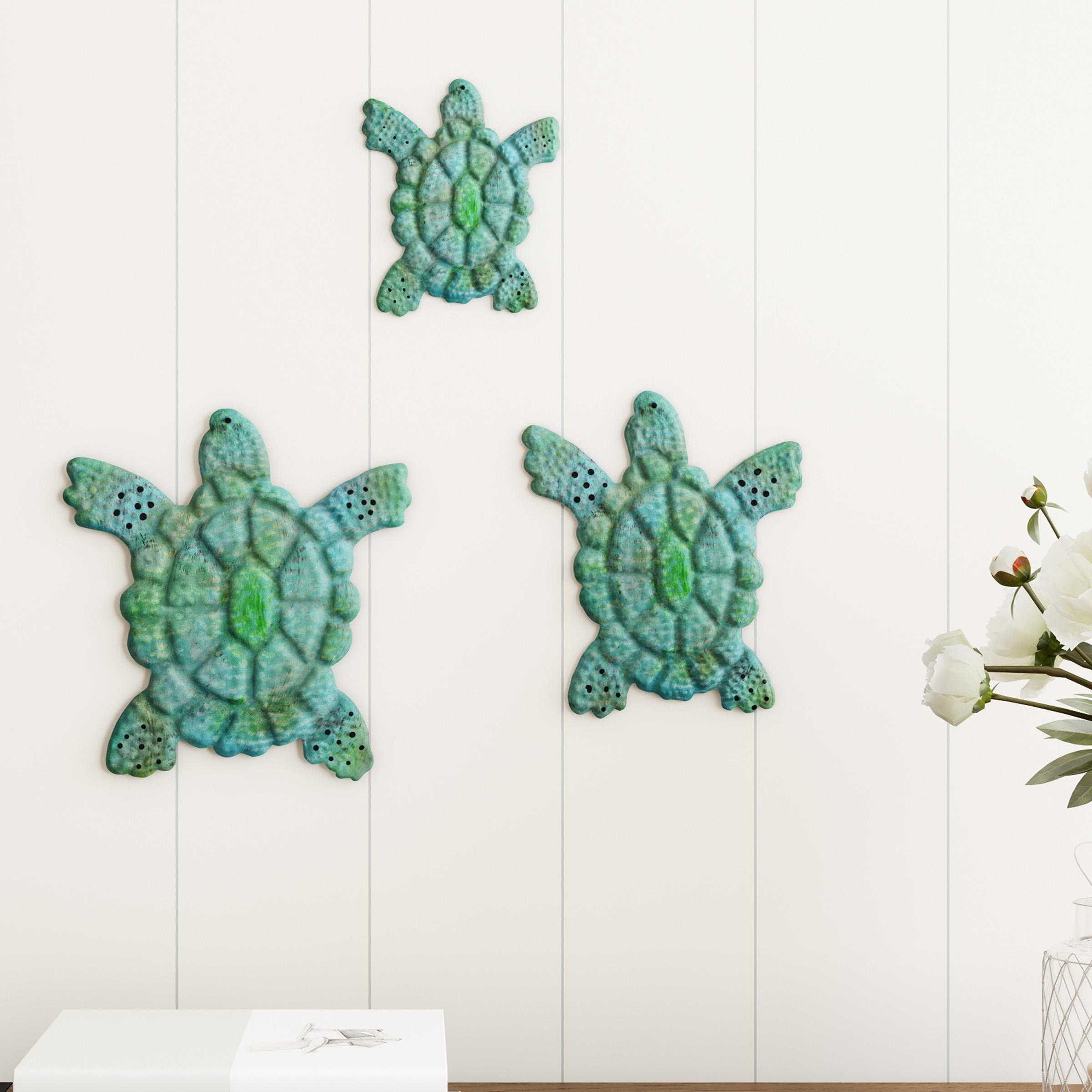 Sea Turtle Wall Art- Nautical 3D Metal Hanging Décor-Vintage Coastal Seaside Inspired Style-Under Water Sea Life Ocean 3 Pack
