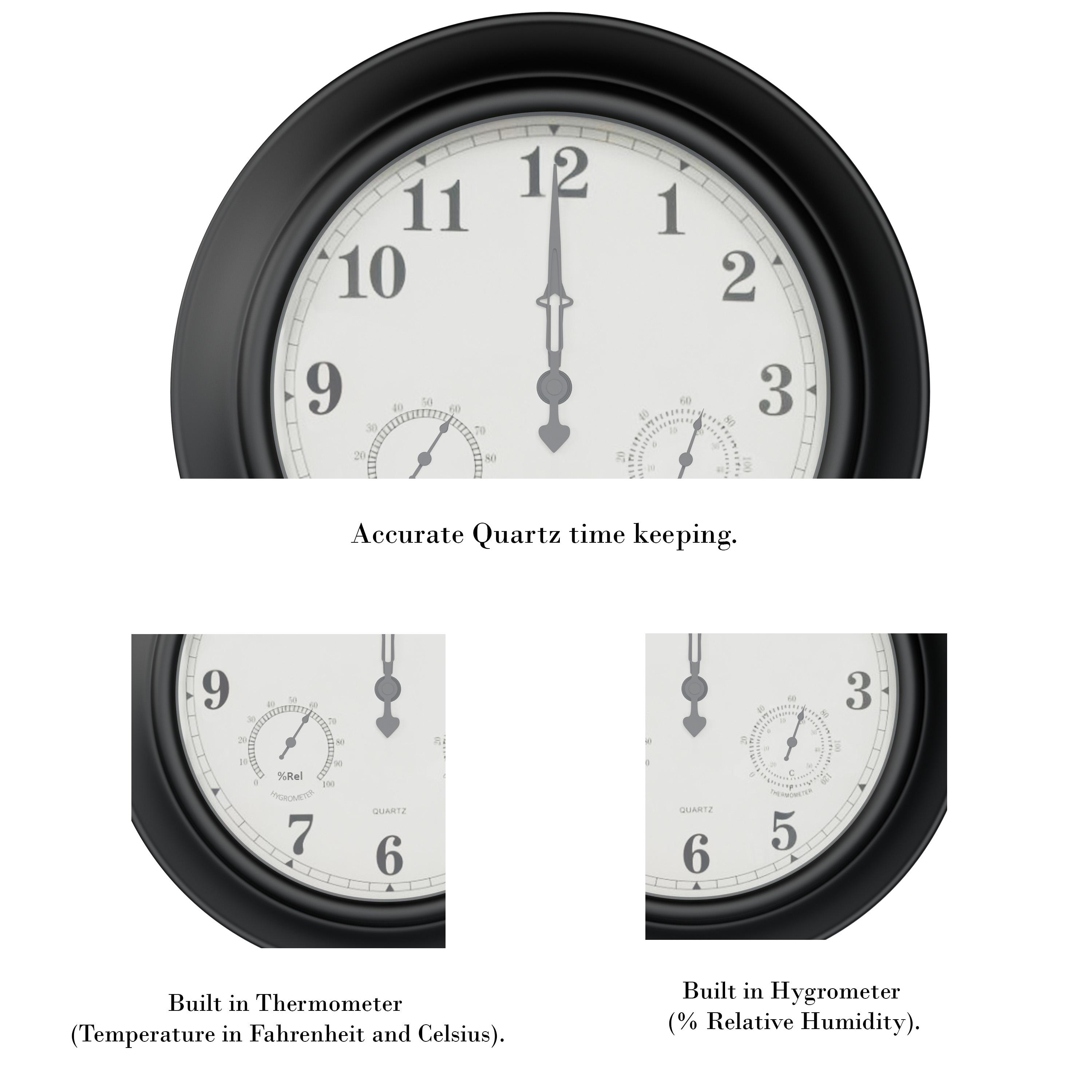 Large Metal 18 Inch Indoor Outdoor Home Patio Wall Clock Hygrometer Temperature Gauge