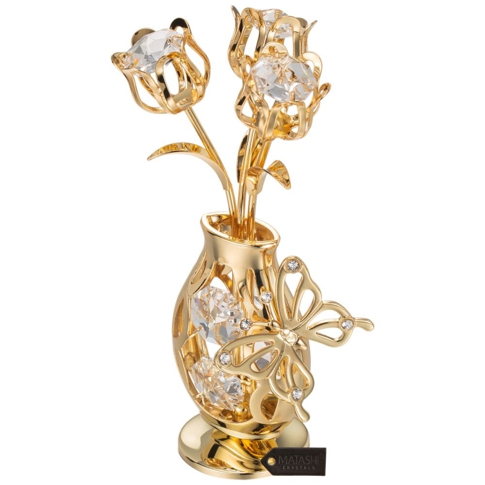 24K Gold Plated Crystal Studded Flower Ornament In A Vase With Decorative Butterfly By Matashi (Clear Crystals)