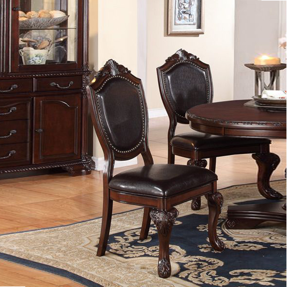 Traditional Rubber Wood Dining Chair With Faux Leather Upholstery , Set Of 2,Brown- Saltoro Sherpi