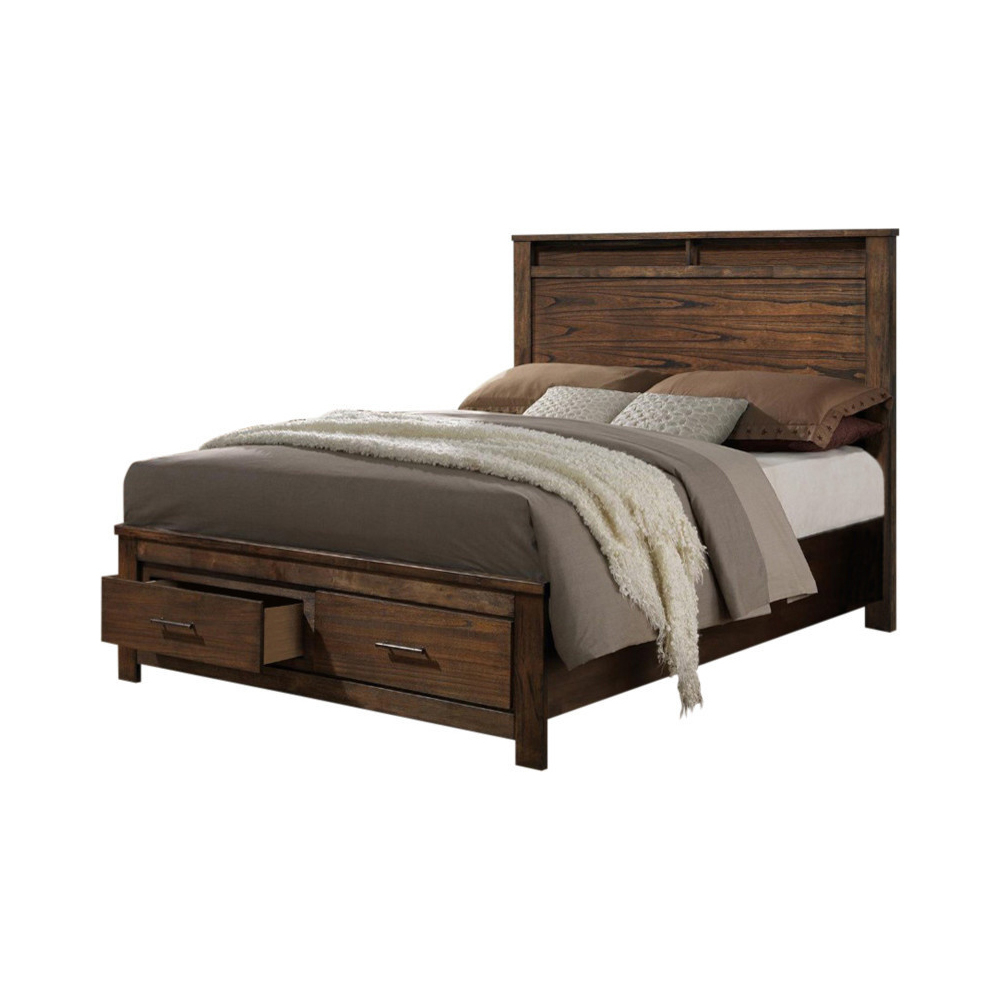 Enchanting Wooden C.King Bed With Display And Storage Drawers, Oak Finish- Saltoro Sherpi