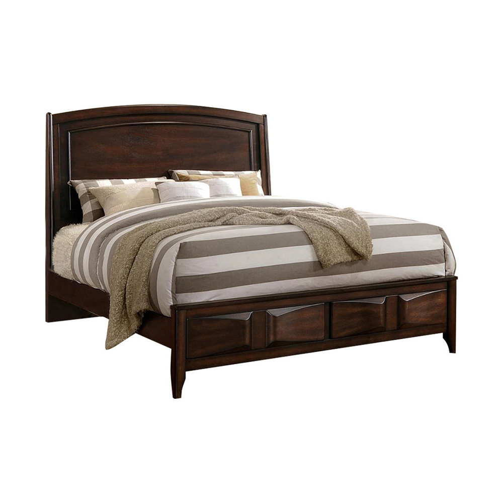 Crisp & Fine Lined Wooden Queen Bed With 3D Design on Front Board Oak Brown- Saltoro Sherpi