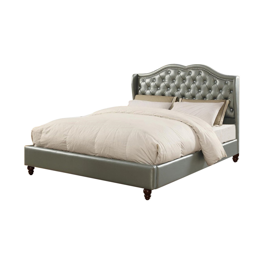 Opulent Full Wooden Bed With PU Tufted Headboard, Silver- Saltoro Sherpi
