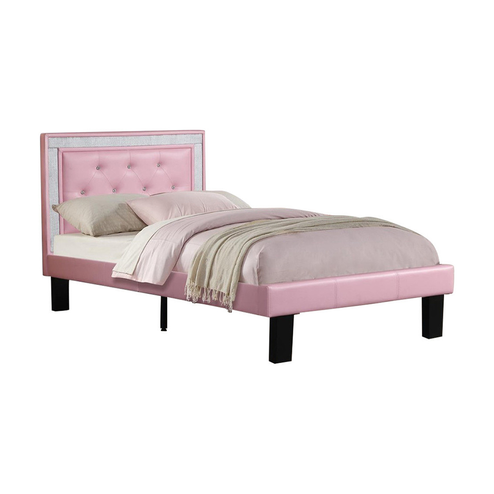Silky And Sheeny Wooden Full Bed With Pink PU Tufted Head Board, Pink Finish- Saltoro Sherpi