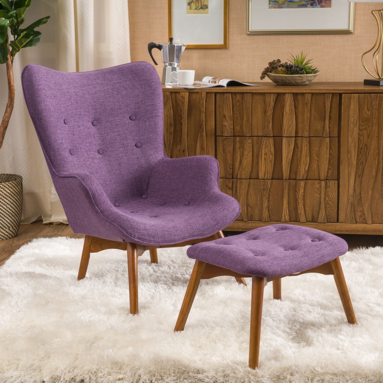 Acantha Fabric Contour Chair With Footstool Set - Purple