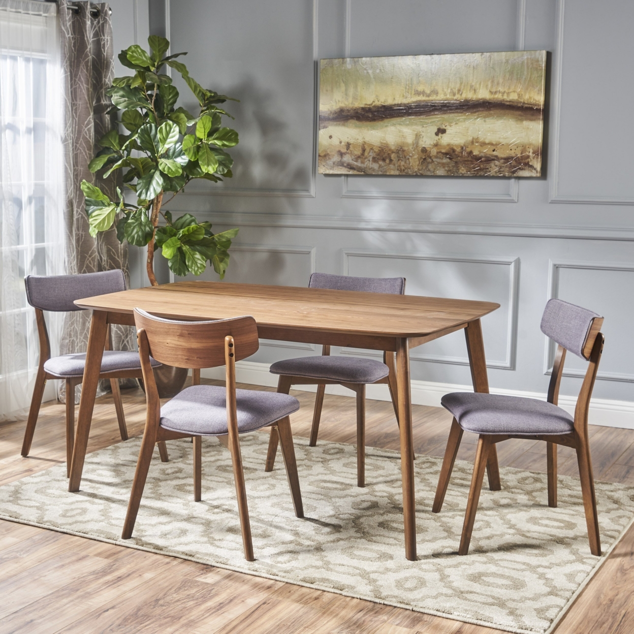 Aman Mid Century Finished 5 Piece Wood Dining Set With Fabric Chairs - Light Beige