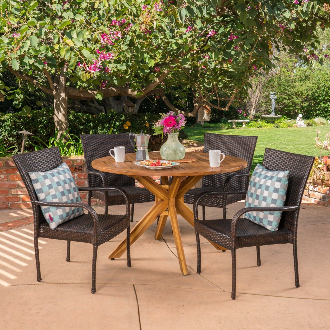 Andrew Outdoor 5 Piece Multibrown Wicker Dining Set With Teak Finish Circular Acacia Wood Dining Table
