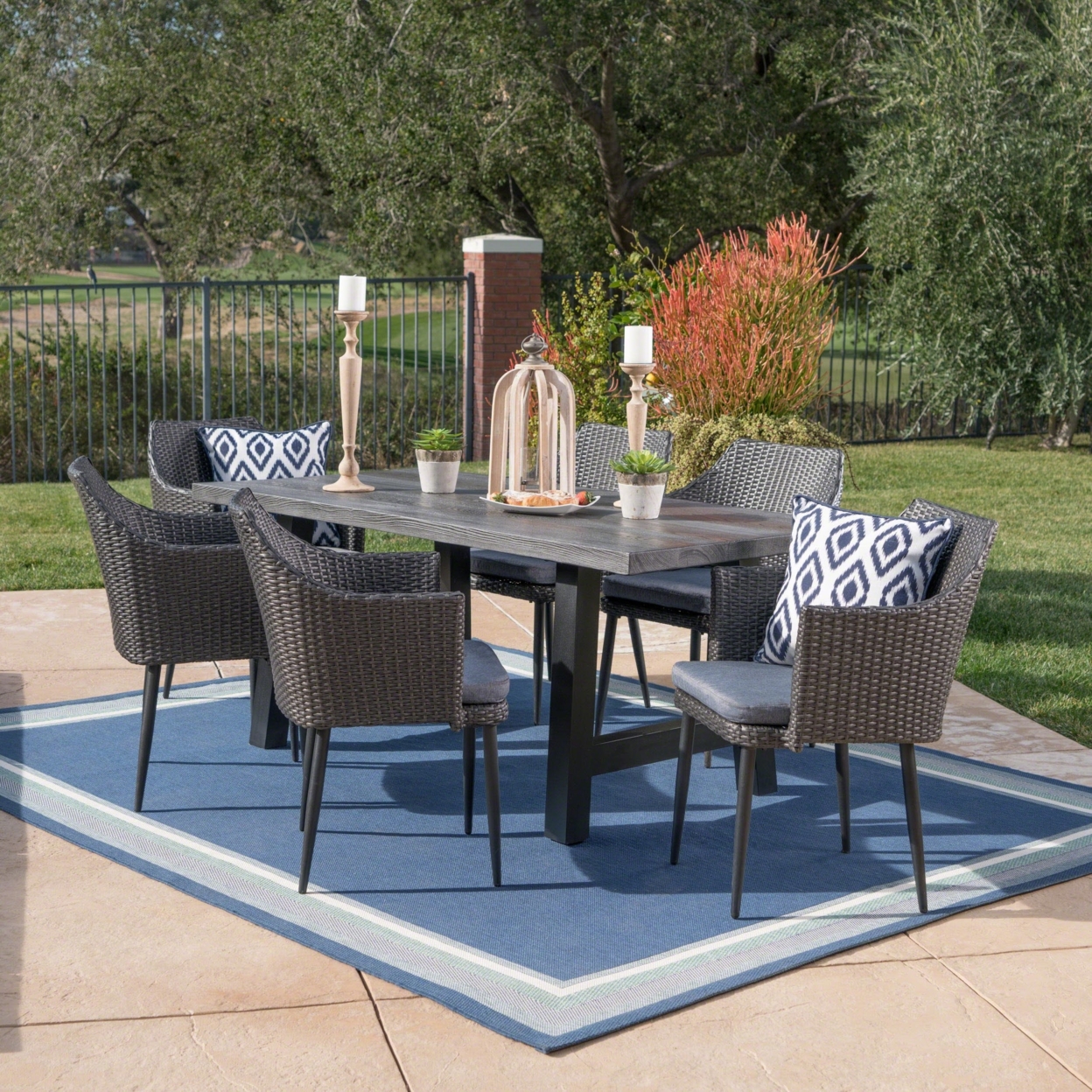 Anemone Outdoor 7 Piece Wicker Dining Set With Concrete Table