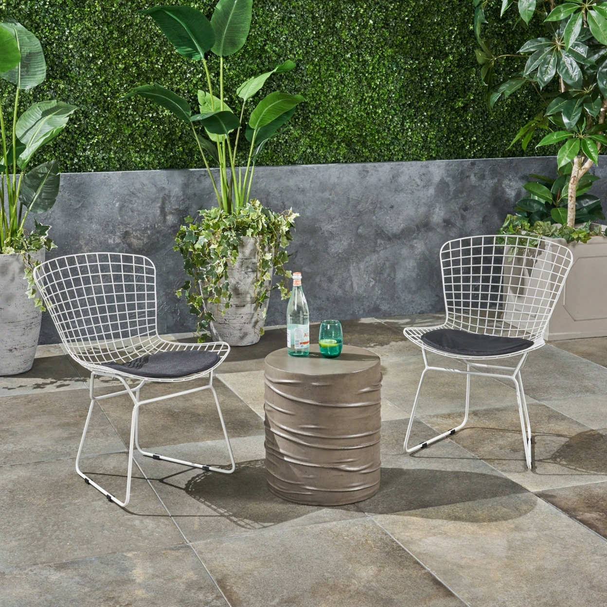 Anessa Outdoor 3 Piece Iron And Light Weight Concrete Chat Set, Black And Light Gray