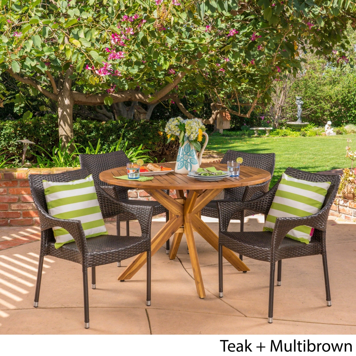 Anthony Outdoor 5 Piece Multibrown Wicker Dining Set With Teak Finish Circular Acacia Wood Dining Table