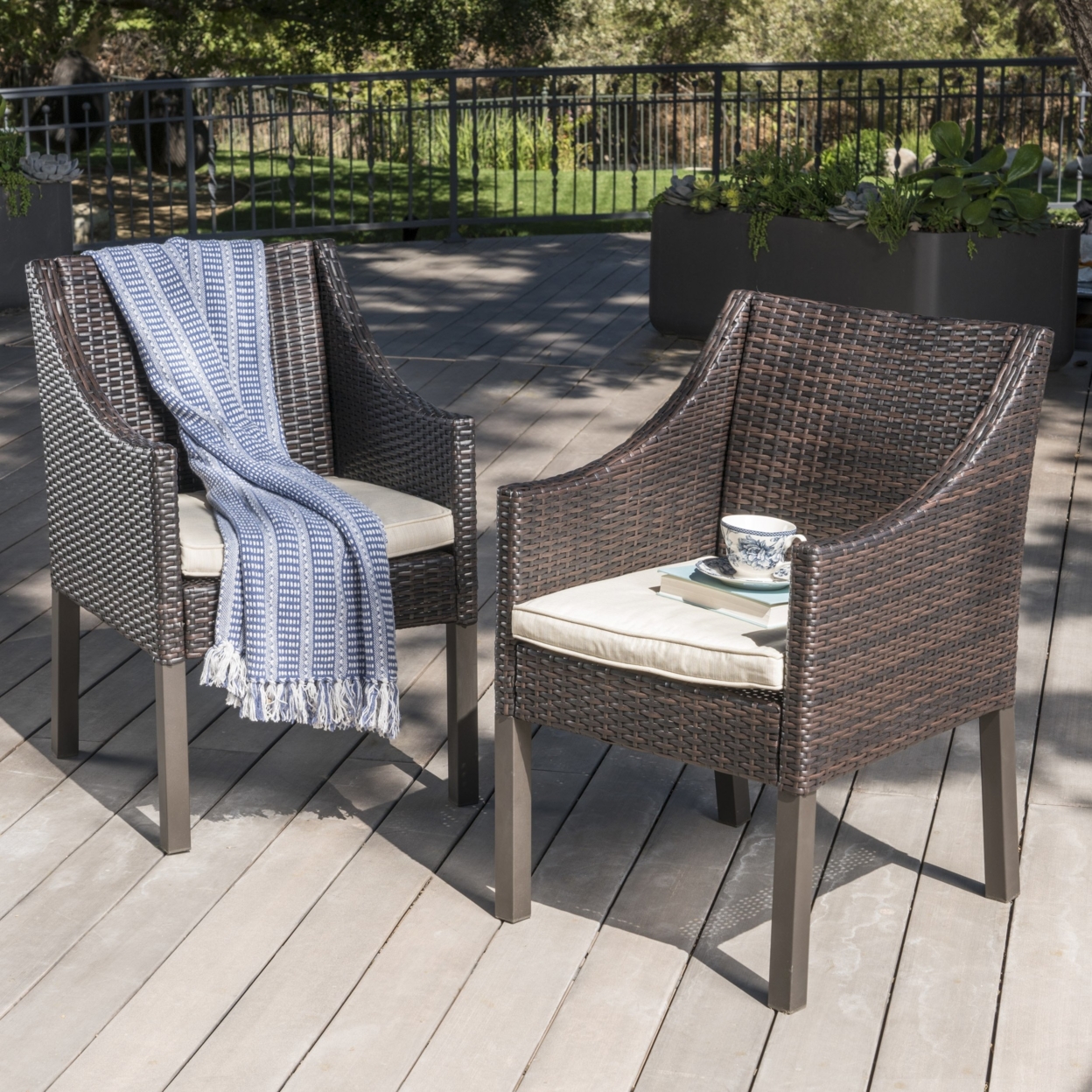 Antioch Outdoor Wicker Dining Chairs With Water Resistant Cushions (Set Of 2) - Multi-brown/Beige