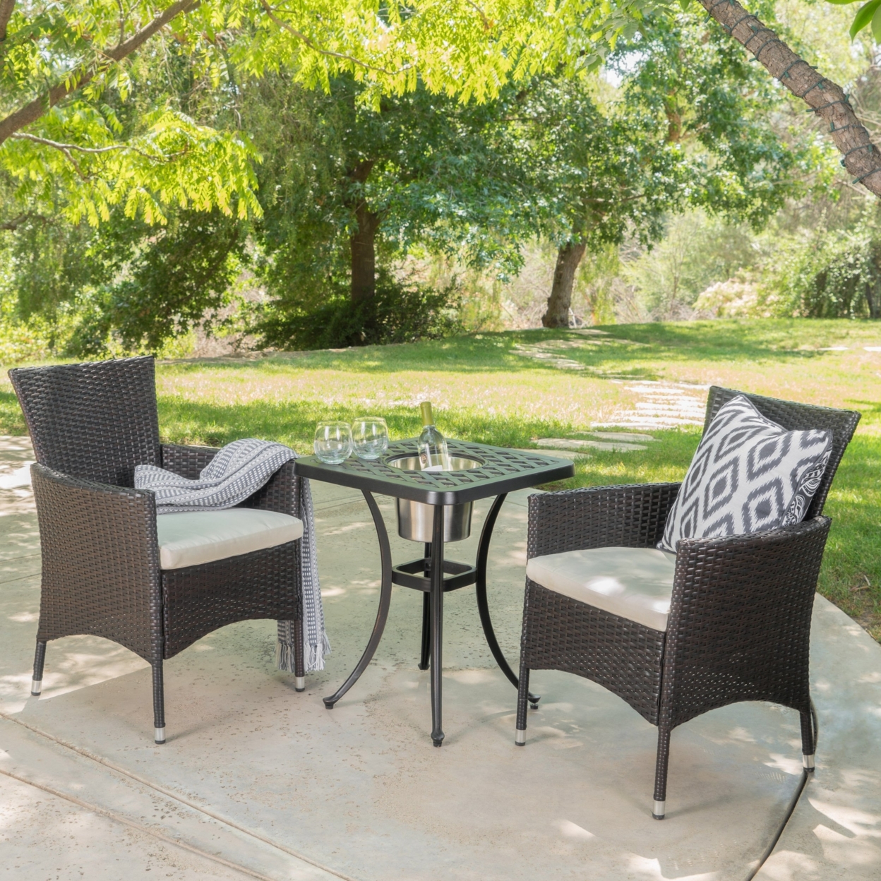Ariel Outdoor 3Pc Wicker Bistro Set With Water Resistant Cushions