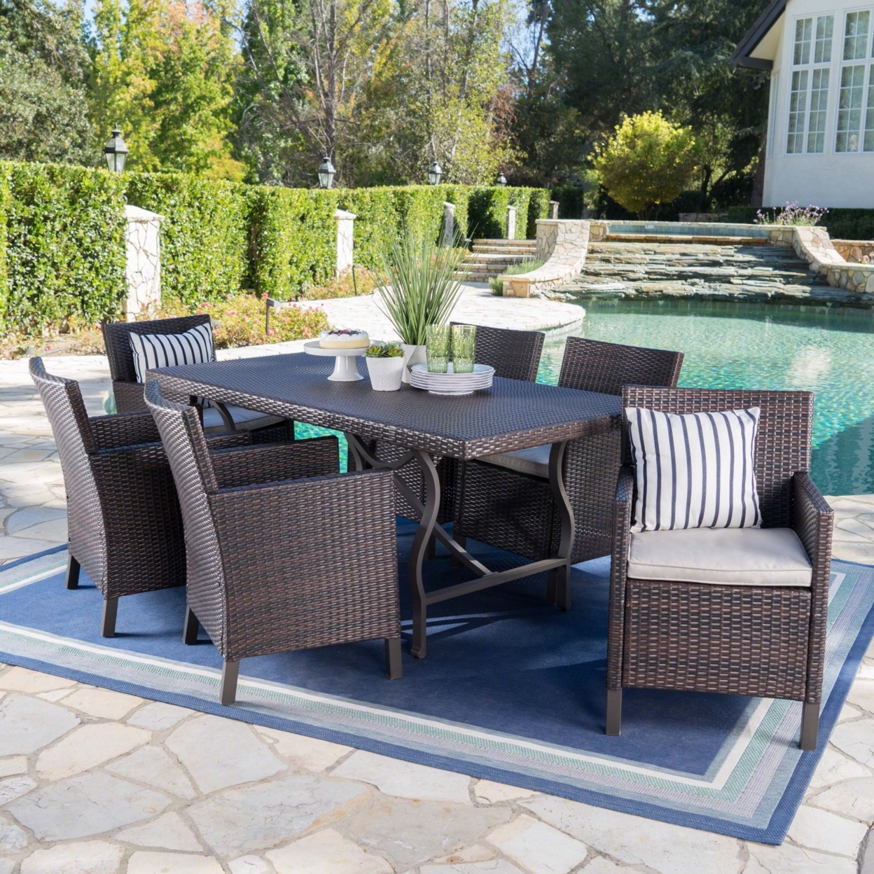 Arlone Outdoor 7 Piece Wicker Dining Set With Aluminum Framed Dining Table