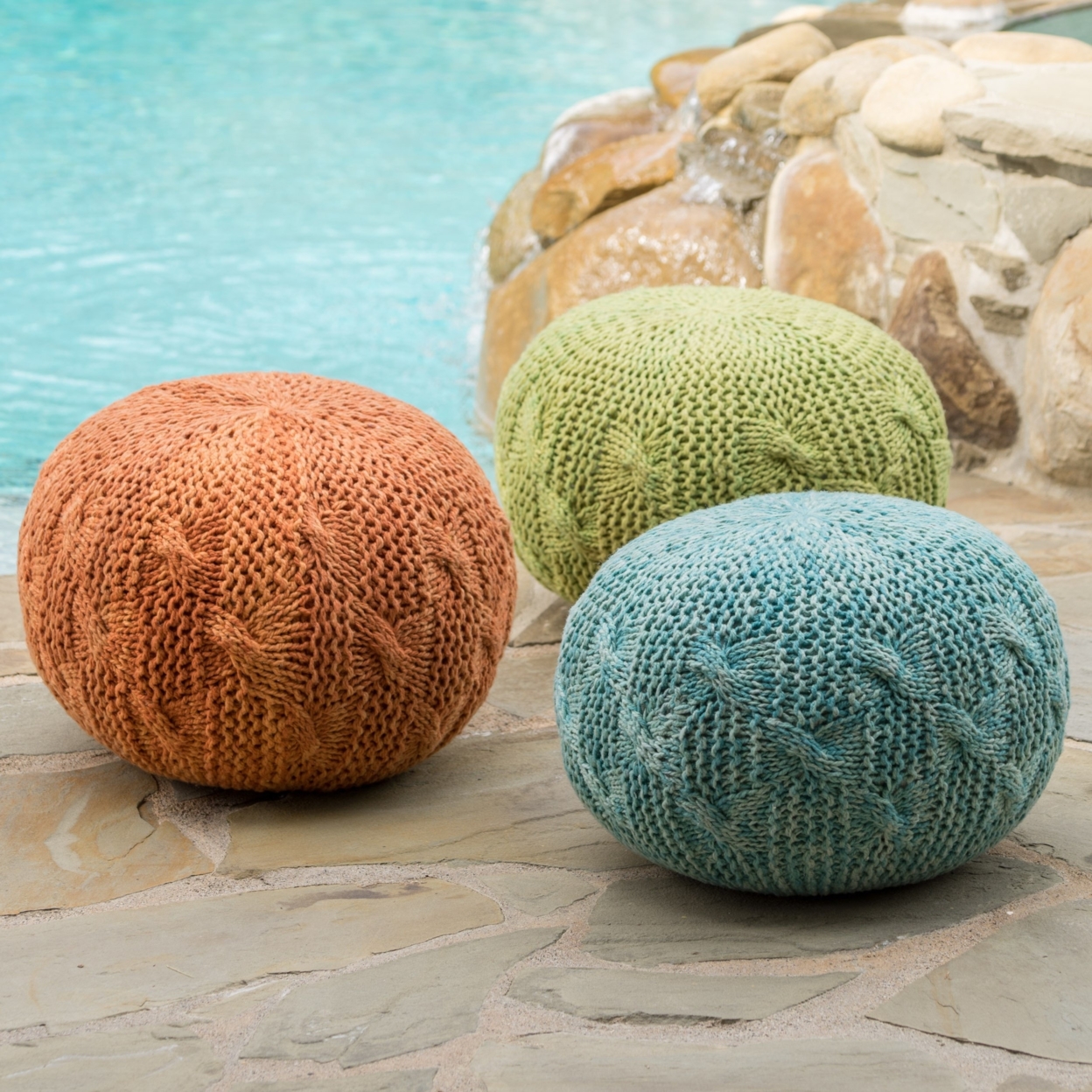 Ash Indoor/Outdoor Fabric Hand Knitted Weave Pouf - Aqua