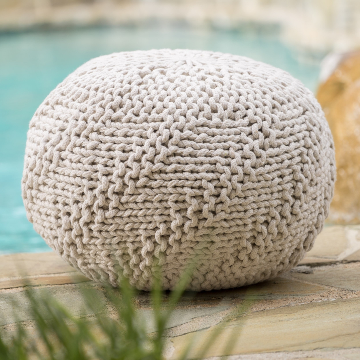 Ashbury Outdoor Handcrafted Modern Fabric Weave Pouf - Light Brown