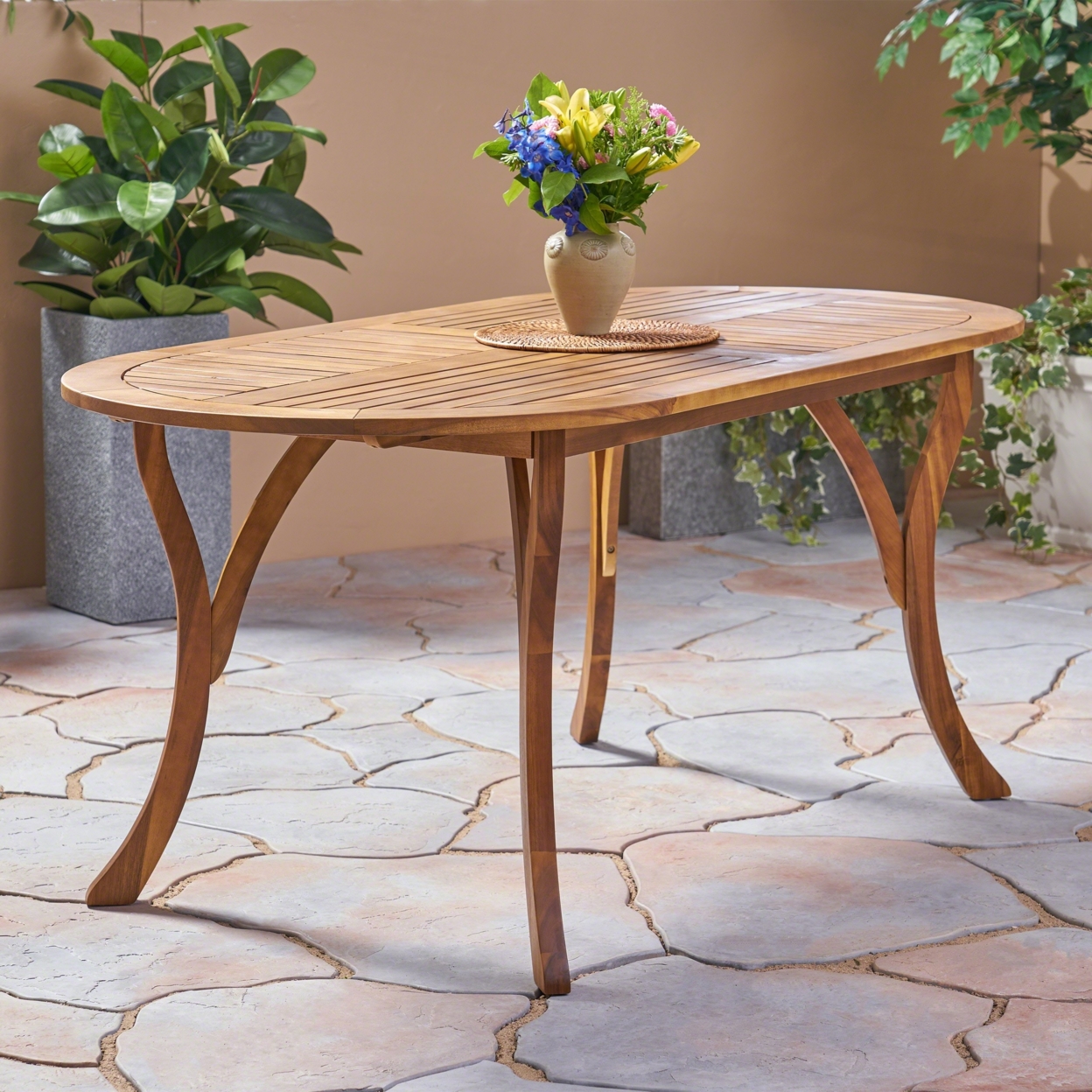 Baia Outdoor 70-inch Oval Acacia Wood Dining Table, Teak