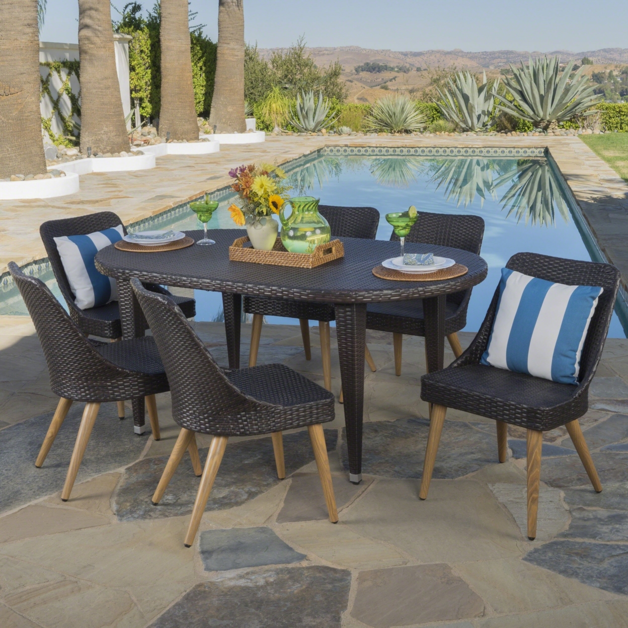 Benwood Outdoor 7 Piece Multi-brown Wicker Dining Set With Wood Finished Legs