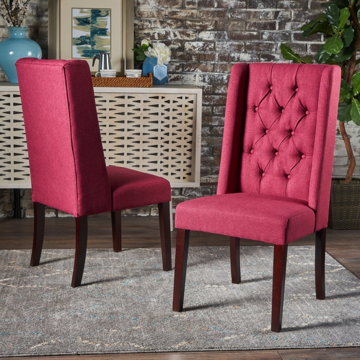 Blaine Tufted Wing Back Fabric Dining Chairs (Set Of 2) - Deep Red