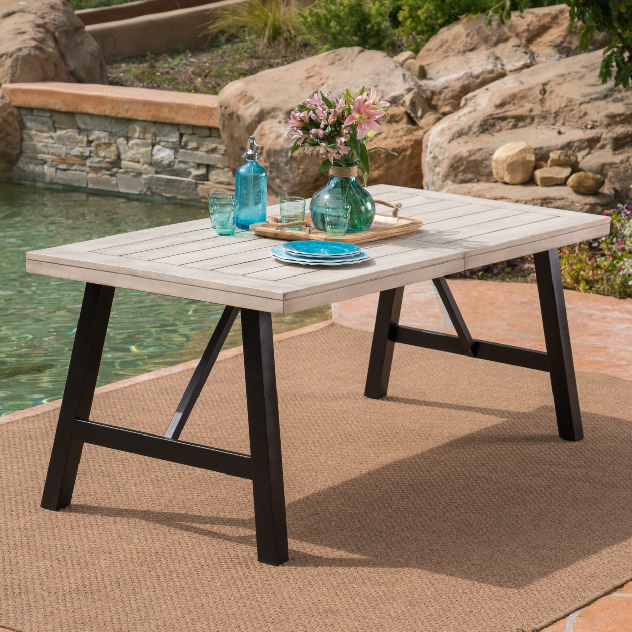 Borocay Outdoor Light Gray Finished Acacia Wood Dining Table