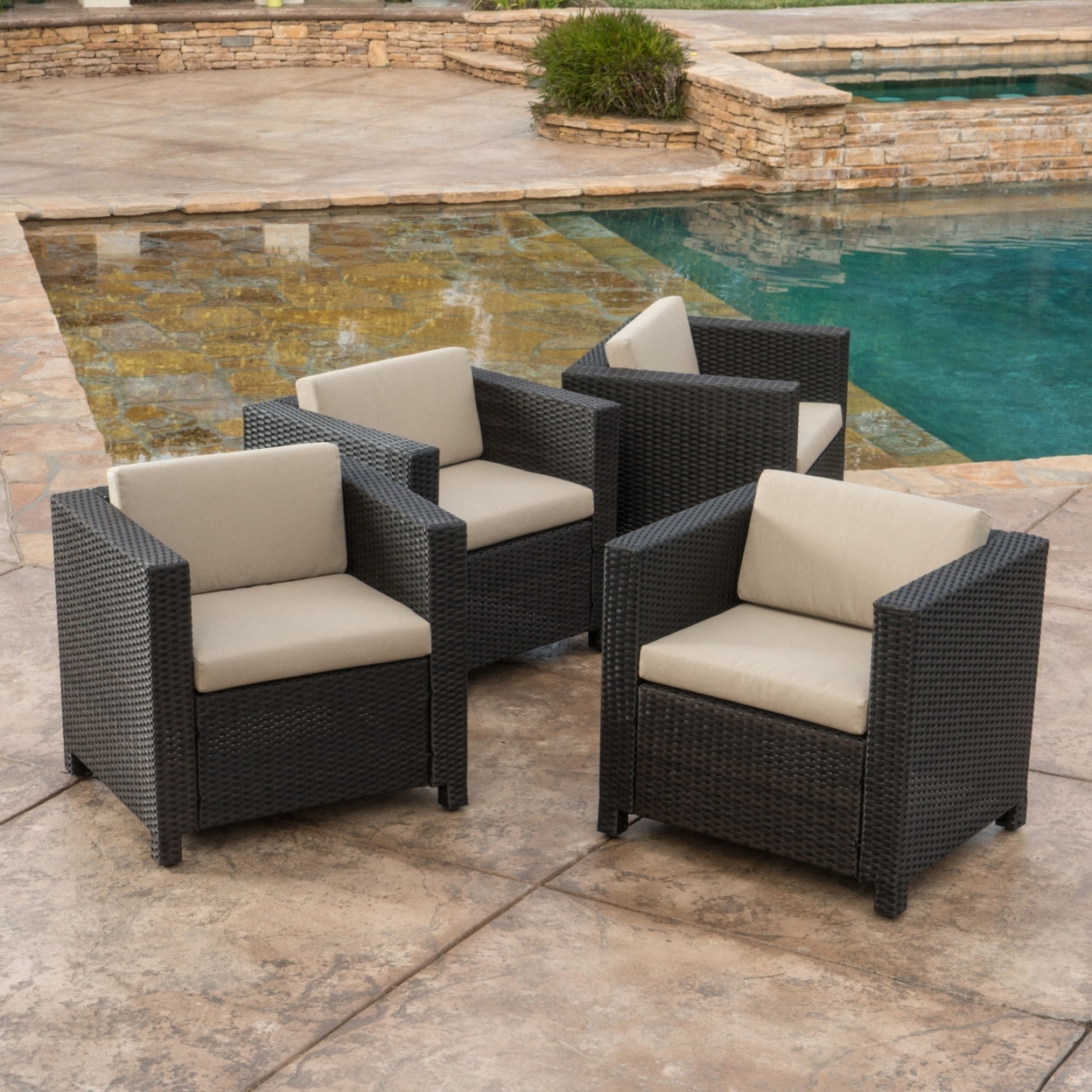 Bowden Outdoor Brown Wicker Club Chairs With Cushions (set Of 4) - Black/Gray Wicker