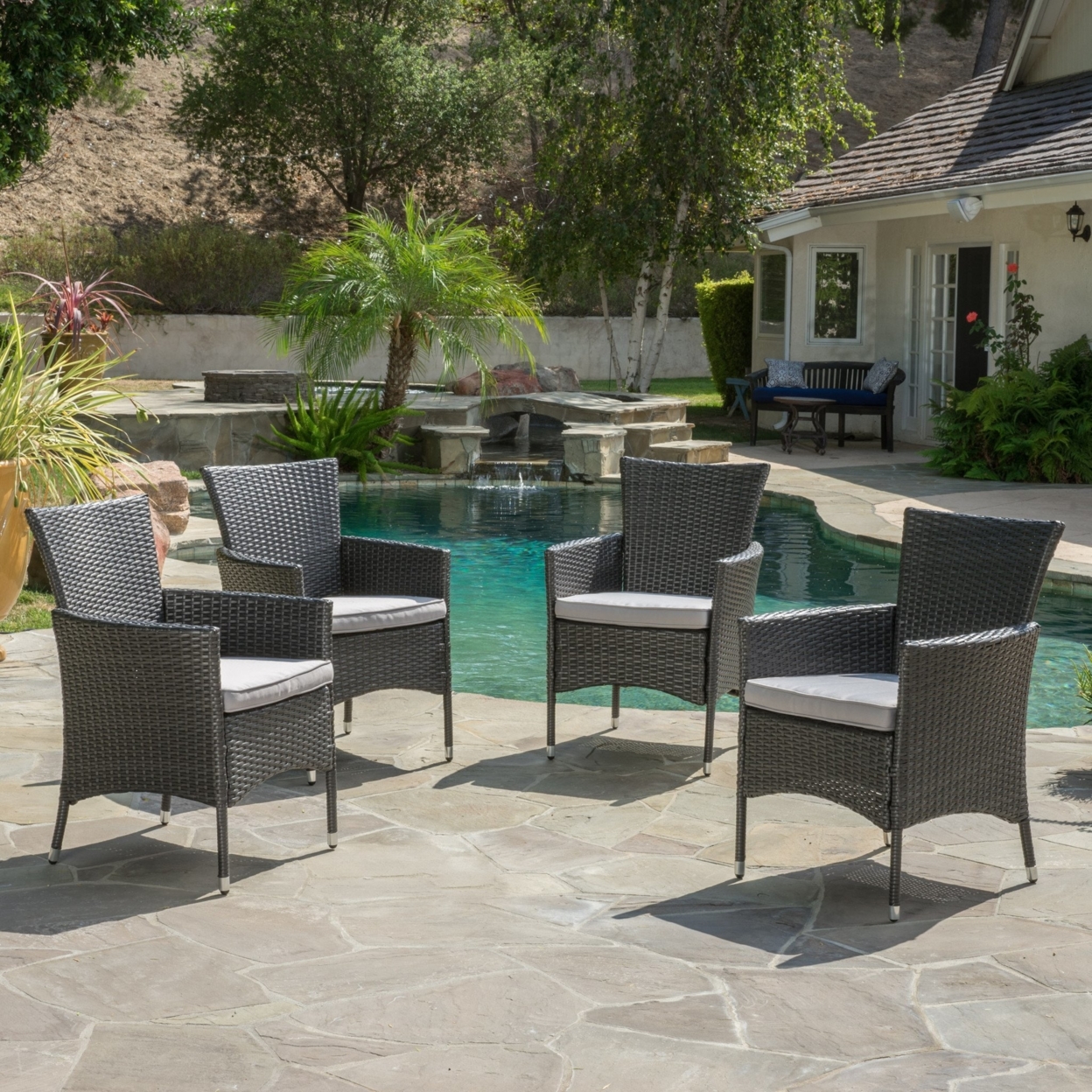 Brascha Contemporary Outdoor Gray PE Wicker Dining Chairs With Cushions (Set Of 4)