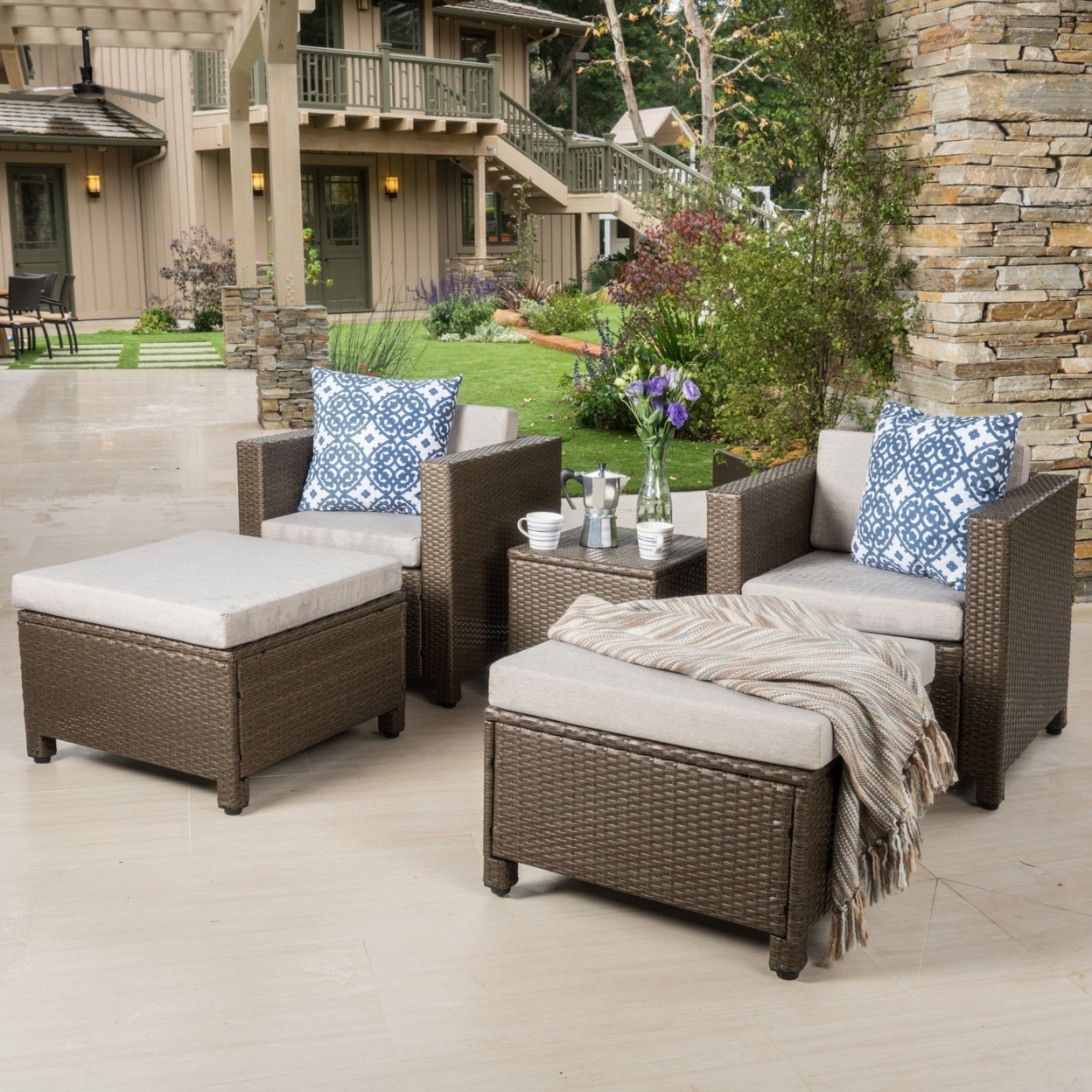 Budva Outdoor 5pc Chat Set With Cushions - Black/Gray Wicker