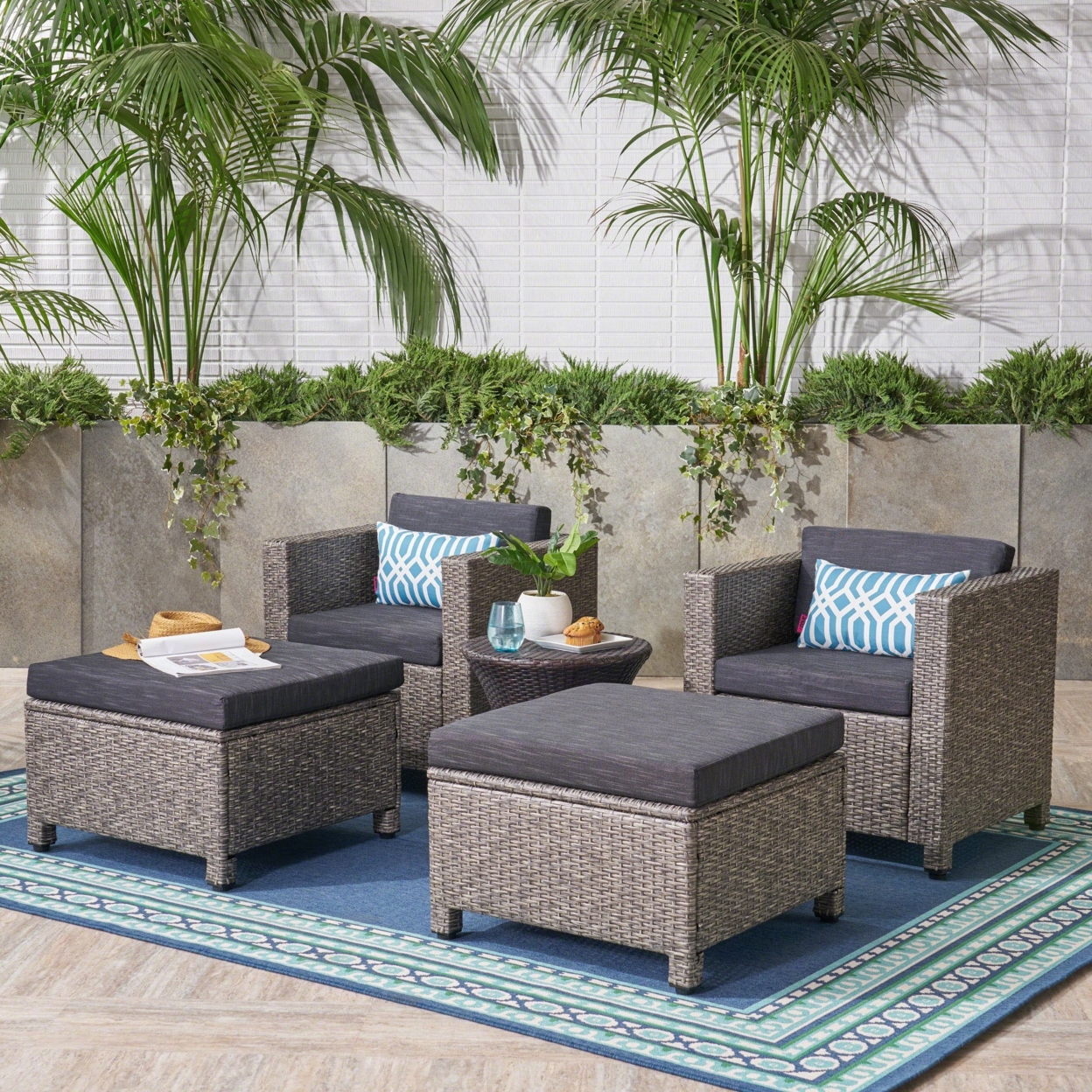 Buzz Outdoor 4 Piece Wicker Club Chair And Ottoman Set, Mixed Black With Dark Grey Cushions